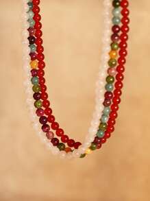 1 pièce Collier de mode bohème en pierre naturelle de 8 mm pour femmes. Collier de perles colorées en tourmaline et cristal rose pour femmes