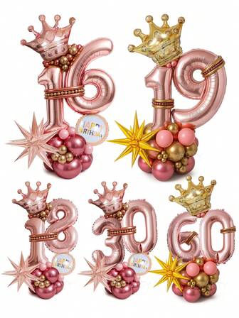 46pcs/50pcs Rose Gold Luxury Birthday Party Balloon Set | 32" Super Large 0-9 Number Foil Balloons + Giant Crown Shaped Balloons + 18" Shiny Happy Birthday Round Balloons | Rose Gold/Gold/Macaron Pink Premium Colors | Suitable For Princess/Queen Theme, Girlfriend Birthday Party, Adult Party, Birthday Celebration, Wedding, Anniversary, Proposal Surprise, Valentine's Day Romantic Decor | Elegant High-End, Sweet Dreamy, Ethereal | Premium Party Decoration, Photo Backdrop, Home Decor