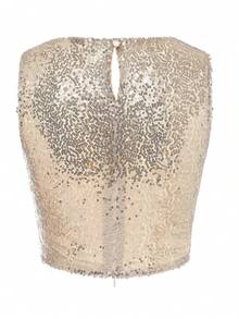 Women Sequin Tank Tops Slim Sparky Round Neck Sleeveless Showing Navel Crop Vest  Summer Streetwear - Champagne - View 3