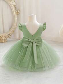 Baby Girls Cap Sleeve Bow Tulle Mint Green Elegant Christmas Party Dress, Princess Dress Suitable For 1st Birthday Party, Banquet, Wedding Flower Girl Outfit