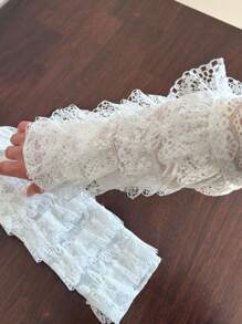 1 Paar Damen Frühling/Sommer Y2K Stil unifarbene, süße Studentenlolita-Prinzessin-Spitzenbesatz Mesh Beinwärmer