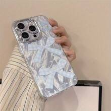Funda para teléfono (1 unidad) con estampado de lazo azul de alta gama, de gasa antideslizante. Funda protectora láser anticaídas compatible con phone 16, 15, 13, 14, 12, 11 Pro, 14, 15 y 16 Plus. Orificios precisos. Transparente. - Plateado - Ver 1