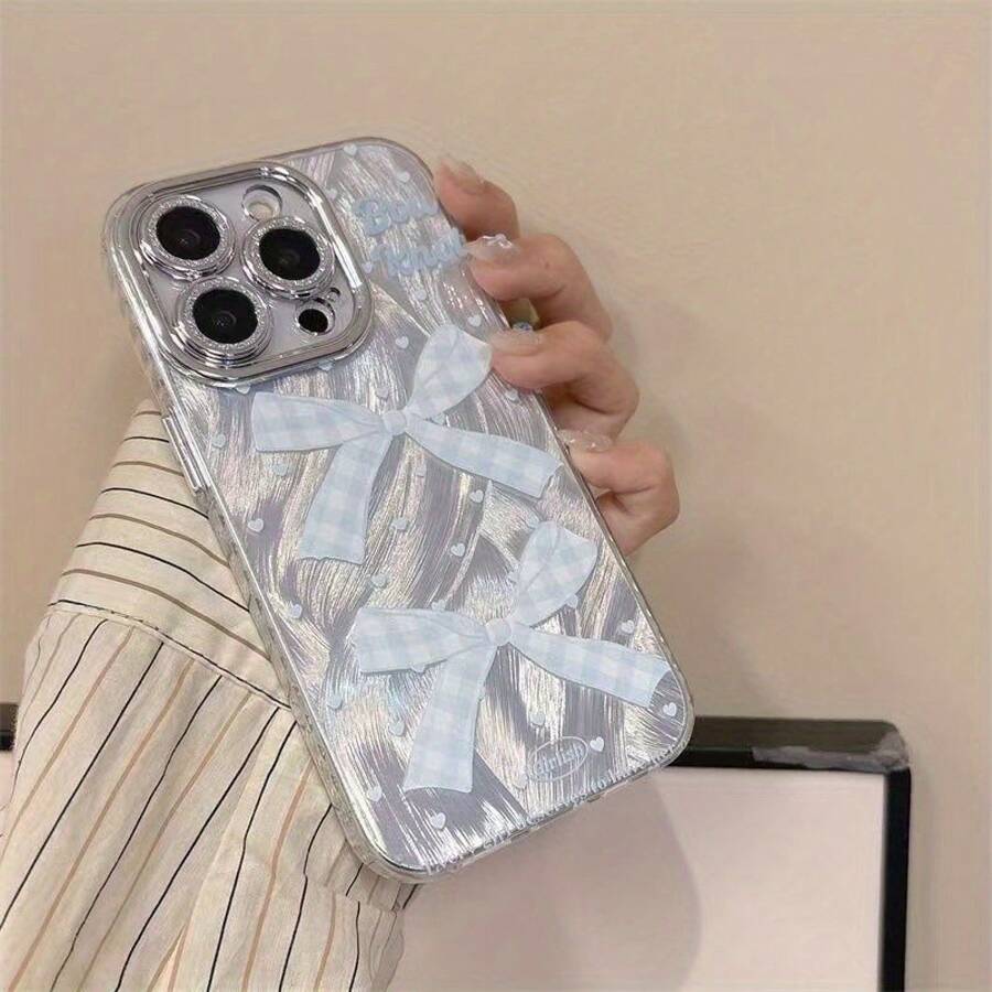 Funda para teléfono (1 unidad) con estampado de lazo azul de alta gama, de gasa antideslizante. Funda protectora láser anticaídas compatible con phone 16, 15, 13, 14, 12, 11 Pro, 14, 15 y 16 Plus. Orificios precisos. Transparente. - Plateado - Ver 1