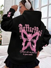 Teena Girl Casual Butterfly Letter Printed Hooded Sweatshirt - Loose Fit, Machine Washable, Comfortable All Season, Comfortable Clothing, Suitable For School, Vacation, Shopping, Sports And Other Occasions - Black - View 1