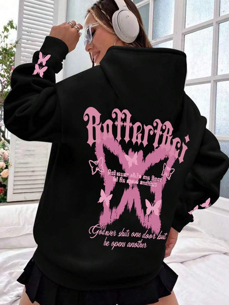 Teena Girl Casual Butterfly Letter Printed Hooded Sweatshirt - Loose Fit, Machine Washable, Comfortable All Season, Comfortable Clothing, Suitable For School, Vacation, Shopping, Sports And Other Occasions - Black - View 1