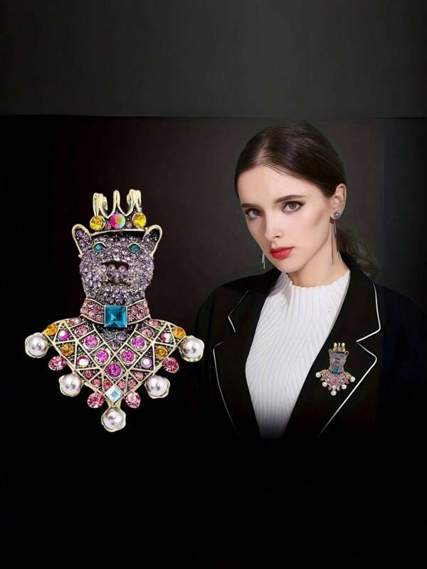 Luxury Vintage Crown Bear Brooch - Casual Colorful Rhinestone Pin, Suitable For Weddings, Parties, Valentine's Day And Other Occasions, Year-Round Fashion Accessory For Women, Sparkling Decor, Bear Theme Design