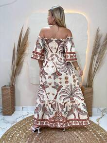 Women's Long Dresses All-Over Print Floral Knot Ruched Ruffle Hem Beach Summer - Mustard Yellow - View 2