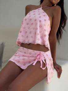 Women Summer Fashion Sleeveless Polka Dot Tie Hanging Neck Set Top + Shorts Club Seaside Tank Top Short Skirt Set - Hồng - Xem 1