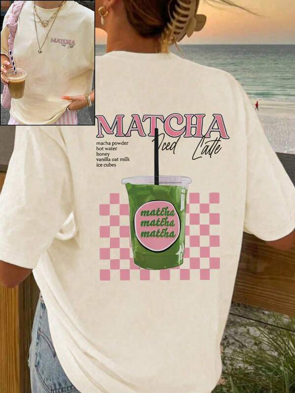 Plus Size Women Casual Matcha Print Round Neck Short Sleeve T-Shirt, Summer