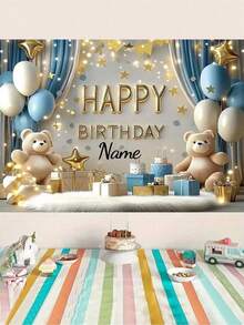 1 szt. personalizowany baner urodzinowy z imieniem, urocze tło do zdjęć z motywem niebieskiej kurtyny w kształcie misia, spersonalizowana dekoracja na prysznic, odpowiednia na spotkania rodzinne, wesele, urodziny
