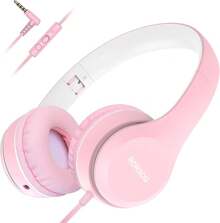 RORSOU K5 Kids Headphones With Microphone Shchool, Volume Limiter 85/94dB, Foldable Stereo-3.5mm Jack Wired Cord On-Ear Headphones Children/Boys/Girls//Tablet/MP3/4 (Pink)