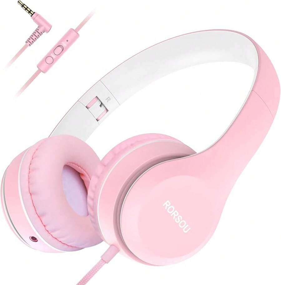 RORSOU K5 Kids Headphones With Microphone Shchool, Volume Limiter 85/94dB, Foldable Stereo-3.5mm Jack Wired Cord On-Ear Headphones Children/Boys/Girls//Tablet/MP3/4 (Pink)