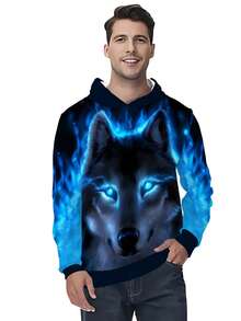 新款男士酷炫狼3D印花休闲长袖连帽衫，男士春秋季卫衣，男士连帽上衣，百搭男士休闲服饰，100%涤纶 - 彩色 - 查看 2