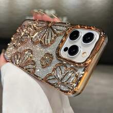 Glitter Electroplated Retro Personalized Hollow Three-Dimensional Oil Painting Flower Anti-Drop TPU Dopamine Case Suitable For IPhone Models IPhone11, IPhone13, IPhone14proMax, IPhone14, IPhone15, IPhone15proMax - 金色 - 查看 4