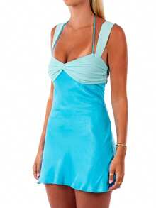 Women Y2k Back Tie Up Bow Mini Dress Summer Sleeveless Contrast Colors Backless Cami Dress Ruched Flowy Beach Vacation Short Dresses - 藍色 - 查看 7