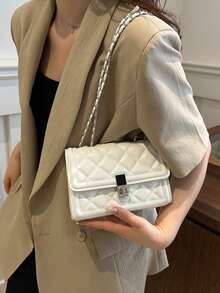 Bolsa Feminina de Ombro 2025 Luxo Acolchoada Xadrez Cor Sólida PU com Fechadura Especial, Carteira Acessório Versátil, Adequada para Saídas Diárias, Deslocamentos, Reuniões, Encontros e Presentes