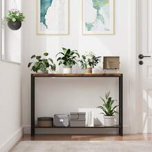 Console Table, Narrow Sofa Table, 110x25x76 Cm Side Table With Storage Space, Wooden Shelf And Metal Frame, 2-Level Hall Table For Hallway, Living Room, Bedroom - 棕色 - 查看 4