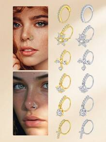 1 件 20G 吊坠鼻环女式不锈钢鼻穿孔饰品软骨耳环 CZ 花朵领结水滴十字耳屏耳轮唇穿孔，银金吊坠鼻环吊坠鼻穿孔首饰套装可爱鼻环耳环吊坠软骨耳环女士时尚配饰