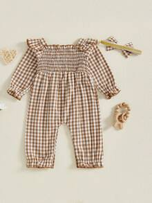Baby Girl 2Pcs Fall Outfits Long Sleeve Square Neck Bow Front Smocked Jumpsuit With Headband Set - 咖啡色 - 查看 7