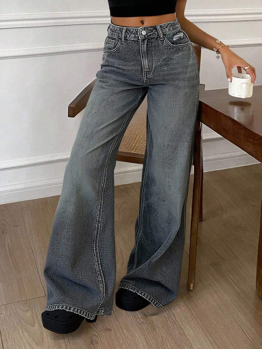 Livesso Women's Solid Color Casual Baggy Denim Jeans With Pockets - Grey - View 1