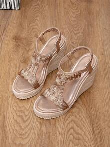 Platform Thick Bottom Waterproof Rope Roman Sandals - Champagne - View 6
