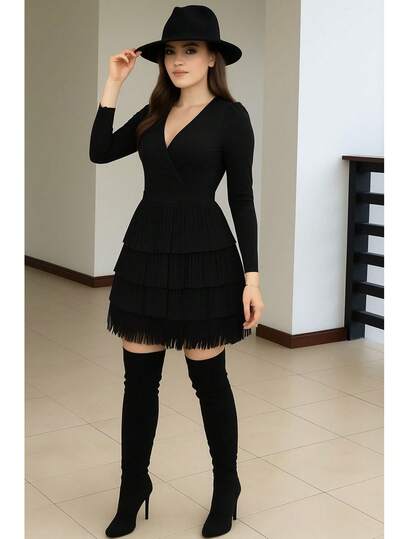 Vestido de flequillo y manga larga  Liso    Elegante  Fiesta    Tela    Envolvente  Flecos    fequillo  Noche de fiesta    otoño