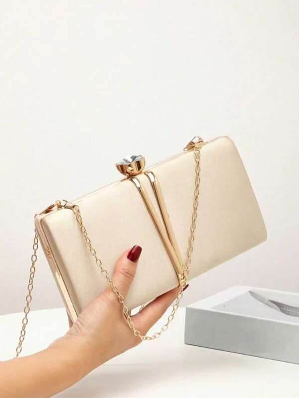 Women's Evening Clutch Bag, Bride Wedding Gold Satin Fashion Metal V-Shaped Decoration Wallet, Detachable Metal Chain Shoulder Bag For Wedding Party, Multi-Function Shiny Handbag For Cocktail Party Wedding Purse