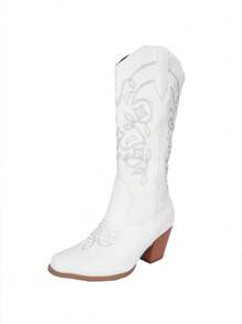 女式西部牛仔靴，秋冬新款，尖头，刺绣，粗跟，中筒，时尚西部靴 - 白色 - 查看 8