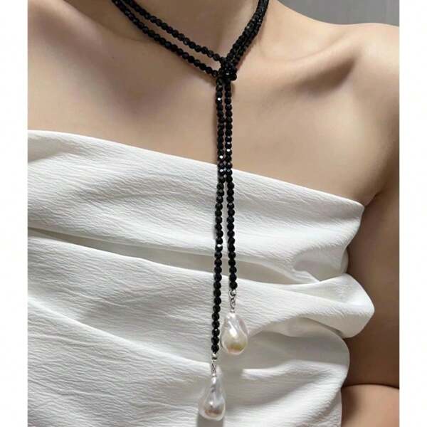 1 pieza Collar de estilo retro francés con diseño de nicho asimétrico con perlas y cristal negro, cadena larga para la clavícula, estilo