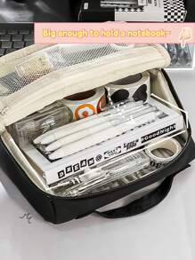 1 pezzo Borsa unisex per cartoleria e trucchi, con manico superiore, multi-strato, in colore unito con decoro in inglese, adatto per scuola e ufficio, essenziale per il ritorno a scuola, regalo decorativo per Ringraziamento, Natale e Ognissanti, astuccio portapenne, astuccio per zaino