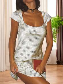 Women Mini Dress Elegant Short Sleeve U Neck Dots Print Summer Dress For Club Party - 白色 - 查看 5