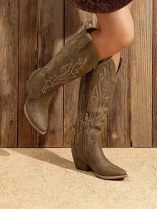 Women's Knee-High Boots, Comfortable Chunky Block Heel Pointed Toe Pull On Side Zipper Suede Slouch Riding Boots - Yellow - View 4