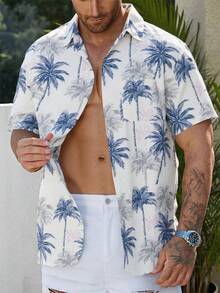 Men's Flower Print Short Sleeve Casual Loose Vacation Shirt, Summer Lightweight - White - View 1