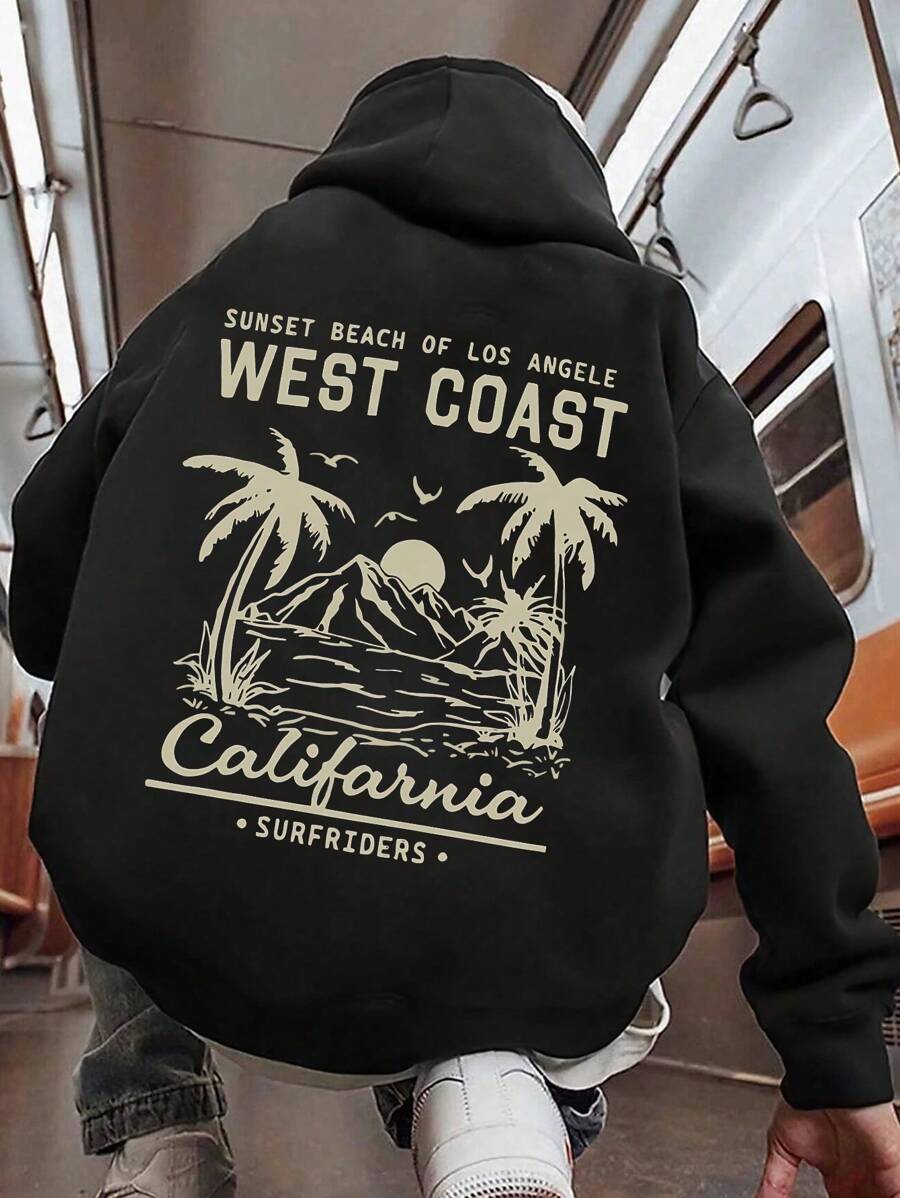 Y2K Vintage Men's West Coast Graphic Hoodie, California Sunset Beach Palm Tree Design, Loose Streetwear Fall Winter Hooded Sweatshirt, Long Sleeve Top - Black - View 1
