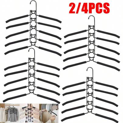 2/4 PCS 5 In 1 Multi Layer Metal Hanger Racks Non-Slip Foam Padded Heavy Duty Thick Magic Hanger Closet Organizers And Storage For Coat Sweater Suit T-Shirt.