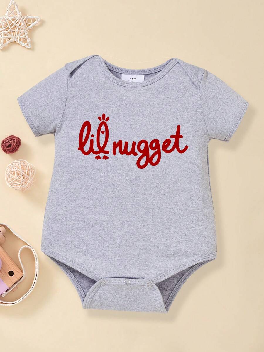 Baby Boy Letter Print Short Sleeve Casual Bodysuit, Summer - Grey - View 1