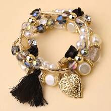 Bohemian Metal Bead Bracelet With Pearl Leaves, Multi-Layer Hand Chain For Trans-Atlantic Style - Khaki - View 3