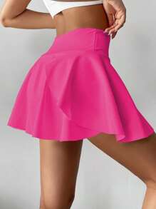 高腰白色网球短裙，二合一防闪光高尔夫、羽毛球、健身短裙，带口袋，夏季运动裙裤，侧袋户外跑步运动新款女式短裙 - 玫紅色 - 查看 3