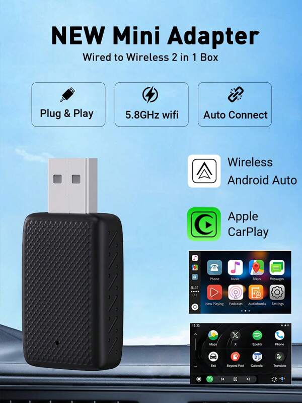 Acodo Nueva caja de automóvil 2 en 1 con Cable a Inalámbrico CarPlay y Android, transmisión rápida, plug and play, elegante y portátil, adecuada para el 99% de los modelos de automóviles