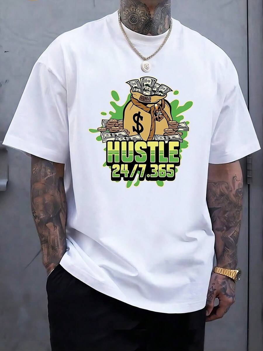 [Camiseta con estampado HUSTLE] Camiseta casual con estampado HUSTLE - Manga corta para hombres, verano - Blanco - Ver 1