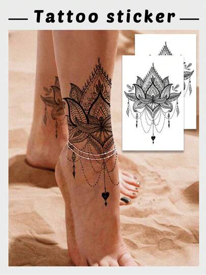 2 件时尚黑色蕾丝花卉图案临时纹身，防水防汗，持续 1-3 天，适合女性手臂、锁骨和大腿