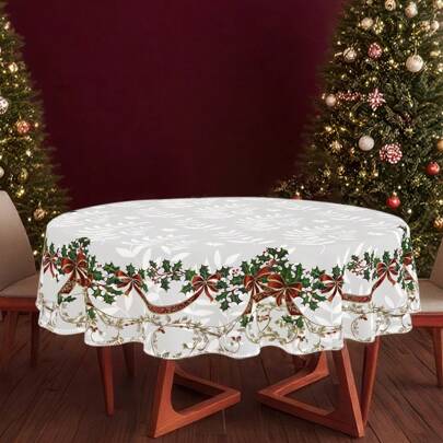 Toalha de mesa com estampa de frutas vermelhas e laços de Natal (1/36 peças) - Toalha de mesa decorativa lavável à prova de poeira para móveis de interior, adequada para decoração de salas de jantar internas, reuniões familiares, presentes e festas de fim de ano