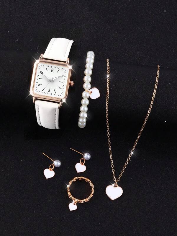 6 piezas/set de reloj cuadrado mini con correa de PU y Set de joyas con corazón con cuentas (brazalete, collar, aretes, anillo, pulsera), adecuado para uso diario, regalo de regreso a la escuela para amigos