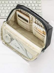 1 pezzo Borsa unisex per cartoleria e trucchi, con manico superiore, multi-strato, in colore unito con decoro in inglese, adatto per scuola e ufficio, essenziale per il ritorno a scuola, regalo decorativo per Ringraziamento, Natale e Ognissanti, astuccio portapenne, astuccio per zaino