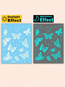 Glow-In-The-Dark Temporary Tattoo Stickers, Featuring Blue Glow-In-The-Dark And White Butterfly Floral Star And Moon Sparkling Patterns. Romantic Valentine's Day Temporary Fake Tattoos, Suitable For Wrists, Ankles, Shoulders, Necks, Collarbones, DIY Carnivals, Valentine's Day, Party Gifts. Body Skin Waterproof Realistic Tattoo Stickers. - Multicolor - View 3