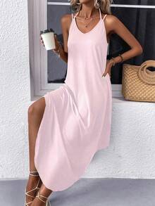 EARO Elegant European & American Style Casual Sleeveless Dress, Simple Daily Commute Strap Long Solid Color Knit Dress, Vacation Versatile Elastic Waist Fitted Slim Comfortable Slip Dress, Spring/Autumn - Bubblegum Pink - View 3