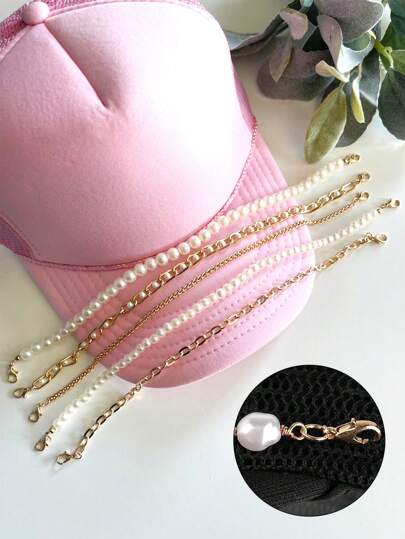 1PC/5PCS Gold Chain Faux Pearl Hat Chains Bill Decoration For Women Man Metal Detachable Chains Bulk Trucket Hat Pearl Thick Chain Accessories Charms Women's Keychians For DIY Mesh Baseball Cap Lanyard (No Hat)