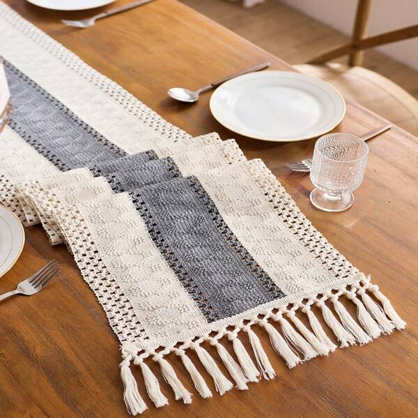 1 Stück Boho Tischläufer Makramee Tischläufer für Heimdekoration, Creme & Grau Makramee Tischläufer mit Quasten für Boho Essbereich, Schlafzimmer Dekoration, rustikale Brautparty, Bauernhausstil Tischläufer, Platzset, Valentinstag Deko, Geschenkdekoration, Hochzeitsdekoration, (verschiedene Größen erhältlich)