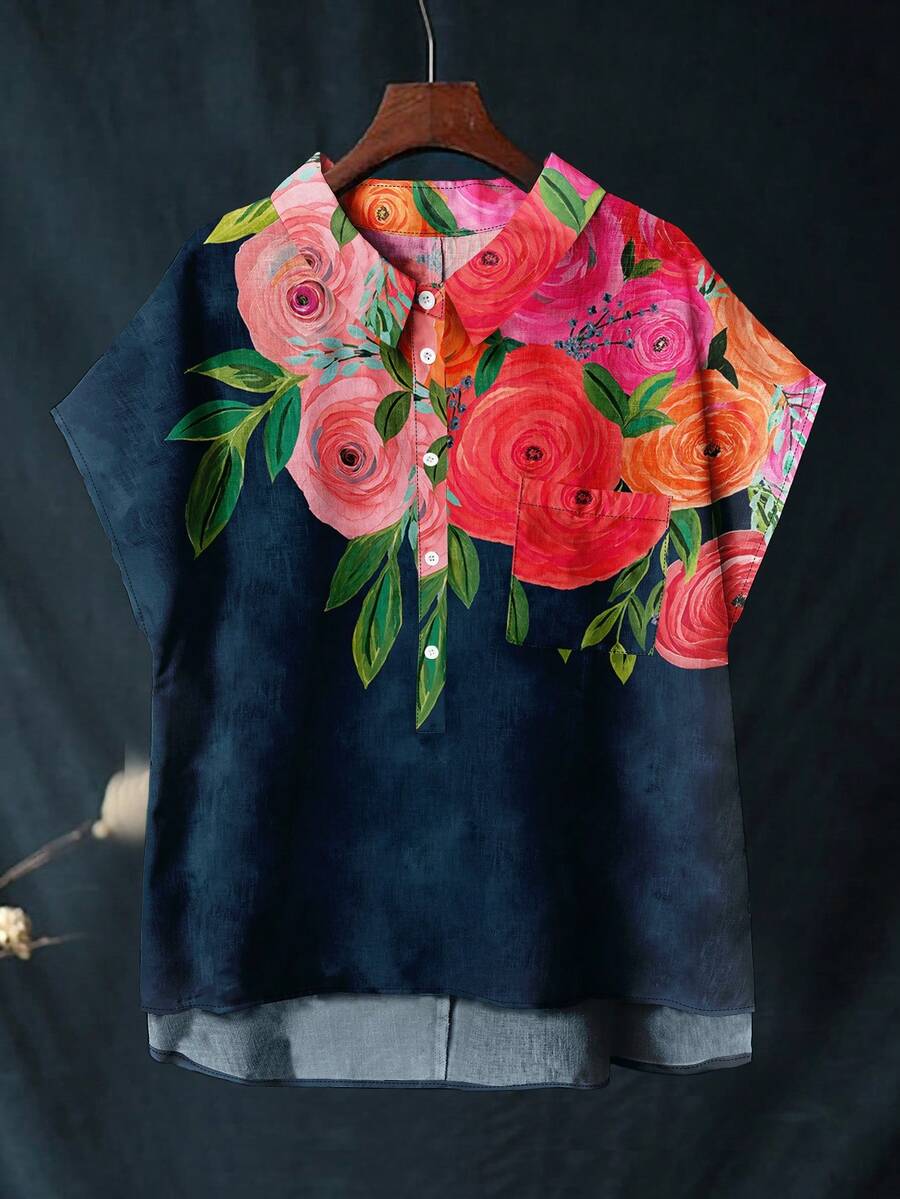 复古艺术花卉印花图案无袖亚麻透气衬衫，适合日常休闲穿着和旅行 - 墨綠色 - 查看 1