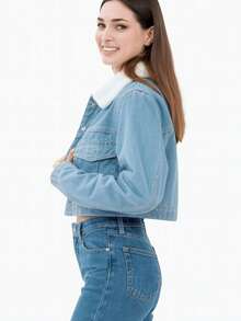 Chamarra corta para dama, aborregada por dentro - Azul lavado medio - Ver 3